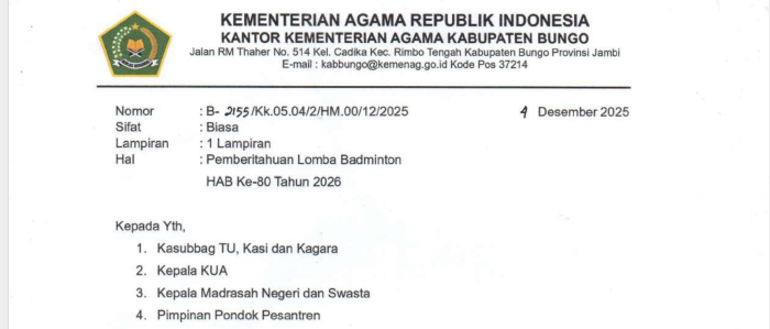 MAN 1 Bungo Siap Ikuti Lomba Badminton HAB Ke-80