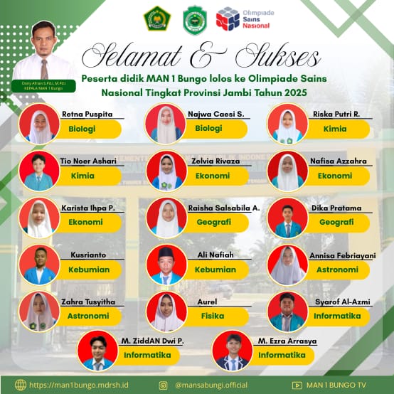 17 SISWA MAN 1 BUNGO LOLOS FINALIS OLIMPIADE SAINS NASIONAL (OSN) TINGKAT PROVINSI JAMBI 2025