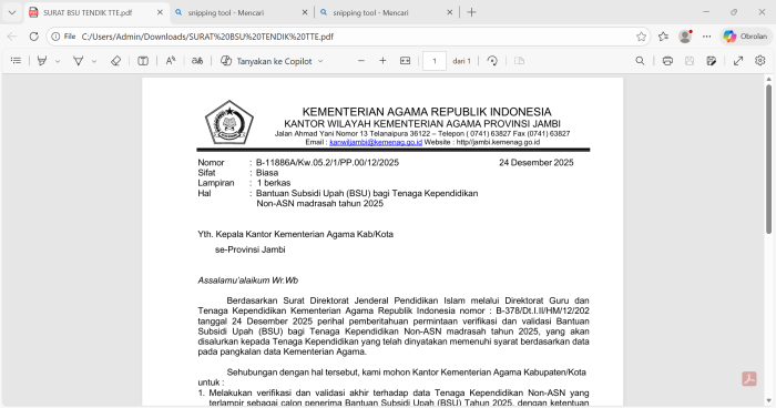 Tenaga Kependidikan MAN 1 Bungo Terima Bantuan BSU Kemenag