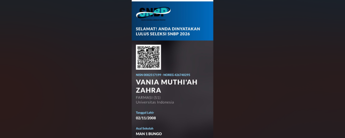 Vania Muthiah Zahra dari MAN 1 Bungo Lolos SNBP ke UI Farmasi