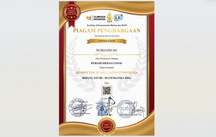 Nurhapizah Raih Medali Emas Matematika SMA, Siswa MAN 1 Bungo Kembali Torehkan Prestasi Gemilang Nurhapizah Raih Medali Emas Matematika SMA, Siswa MAN 1 Bungo Kembali Torehkan Prestasi Gemilang