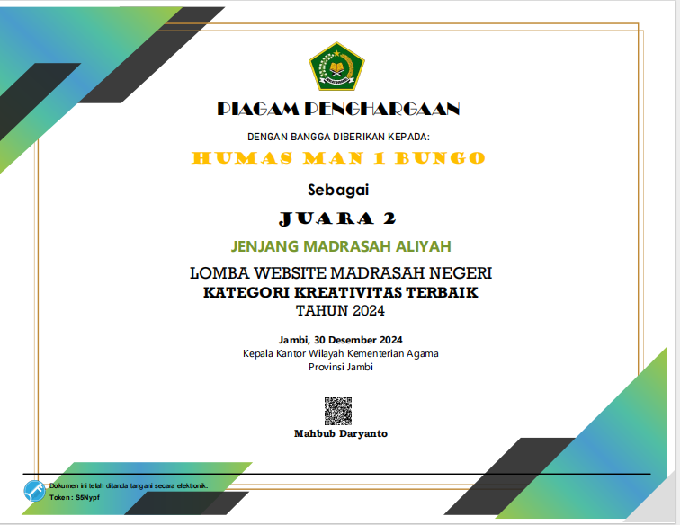 HUMAS MAN 1 BUNGO BERI KADO AWAL TAHUN 2025 RAIH PREDIKAT 2 SEBAGAI WEBSITE TERKREATIF