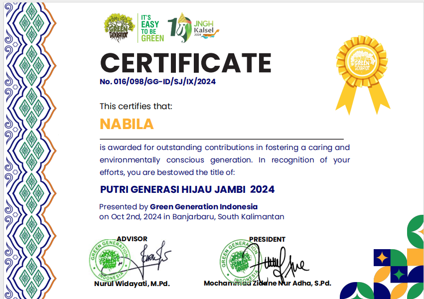 SISWI MAN 1 BUNGO PLUS KETERAMPILAN DINOBATKAN SEBAGAI PUTRI GENERASI HIJAU JAMBI TAHUN 2024 TINGKAT NASIONAL