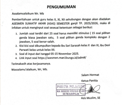 Batas Akhir Pengumpulan Soal ASAS MAN 1 Bungo 15 November 2025