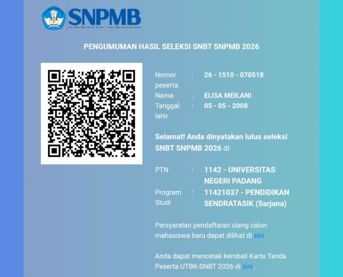 Elisa Meilani Lulus SNBT 2026 di Universitas Negeri Padang