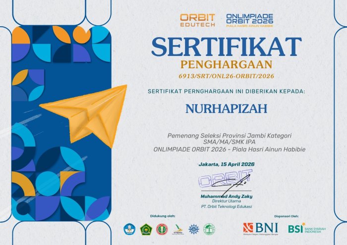 Nurhapizah, Siswi MAN 1 Bungo Juara Onlimpiade Sains Provinsi Jambi