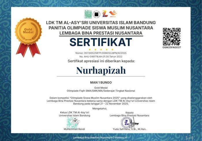 Nurhapizah Raih Emas di Olimpiade Fiqih Nasional