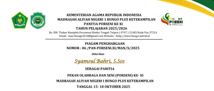 MAN 1 Bungo Berikan Sertifikat Apresiasi untuk Guru dan Panitia Porseni