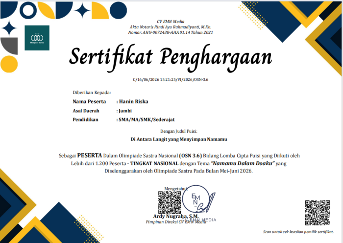 Siswi MAN 1 Bungo Hanin Riska Raih Penghargaan Olimpiade Sastra Nasional 2026 Bidang Cipta Puisi