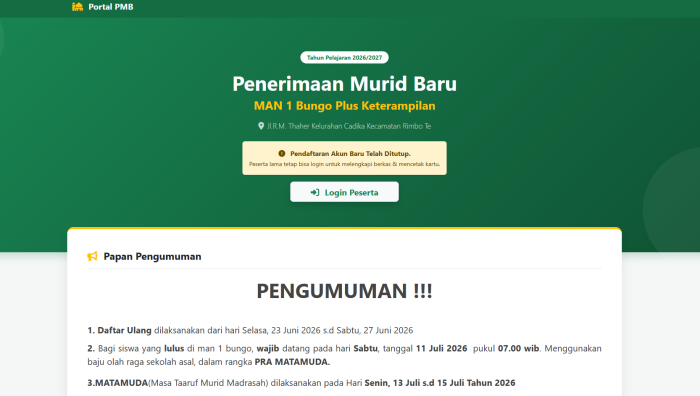 Panitia PMB MAN 1 Bungo Himbau Siswa Baru dan Orang Tua Pantau Website untuk Informasi MATAMUDA 2026