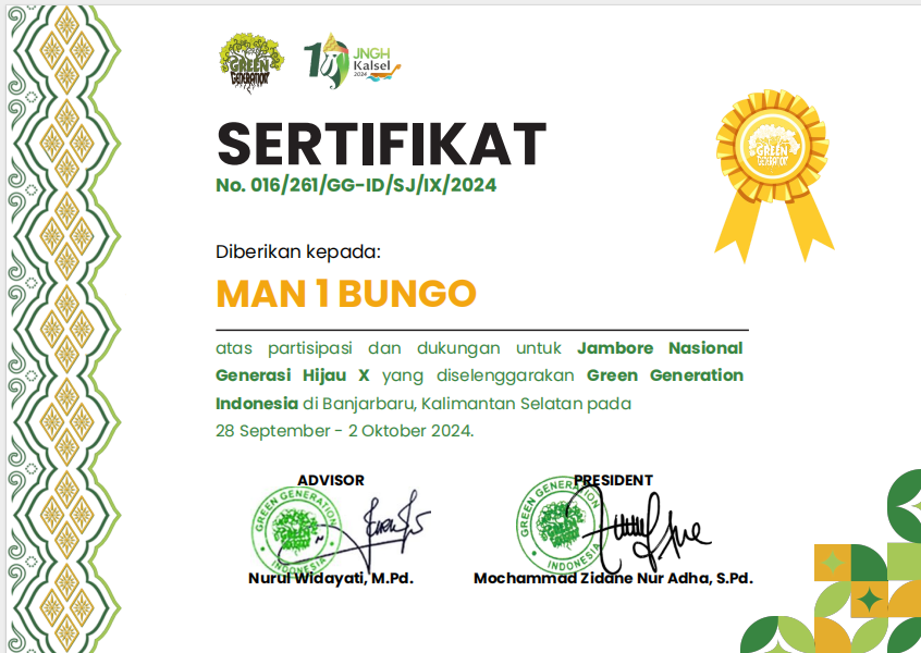 TOREH PRESTASI NASIONAL MAN 1 BUNGO PLUS KETERAMPILAN TERIMA PENGHARGAAN JAMBORE   NASIONAL GENERASIÂ HIJAUÂ X