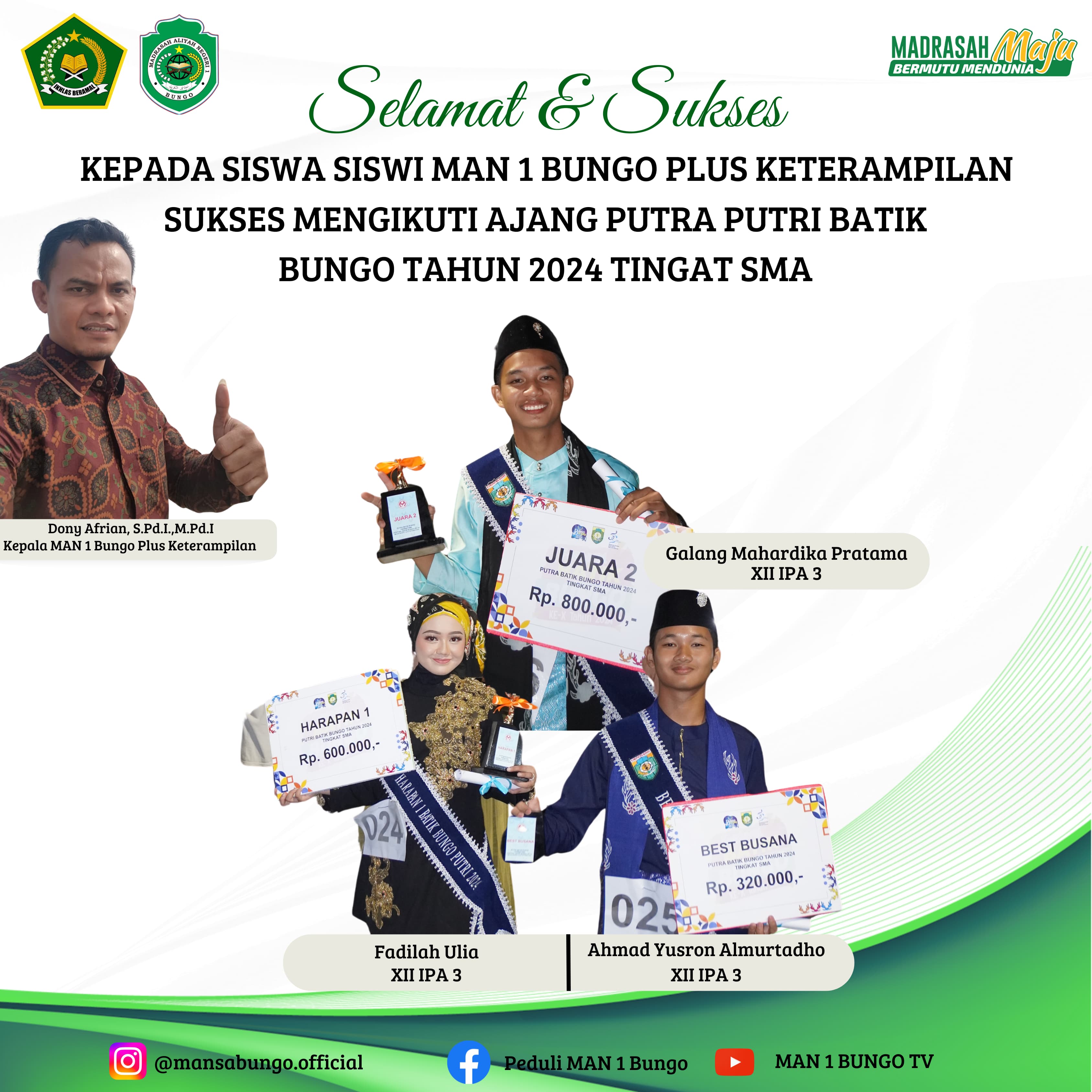 UKIR PRESTASI SISWA MAN 1 BUNGO RAIH JUARA PADA AJANG  PUTRA PUTRI BATIK BUNGO  PADA HUT BUNGO KE-59 TAHUN 2024