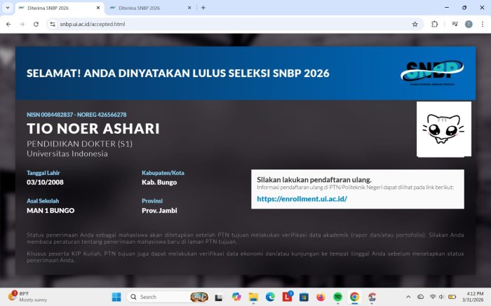 Tiga Siswa MAN 1 Bungo Lolos SNBP ke Universitas Indonesia